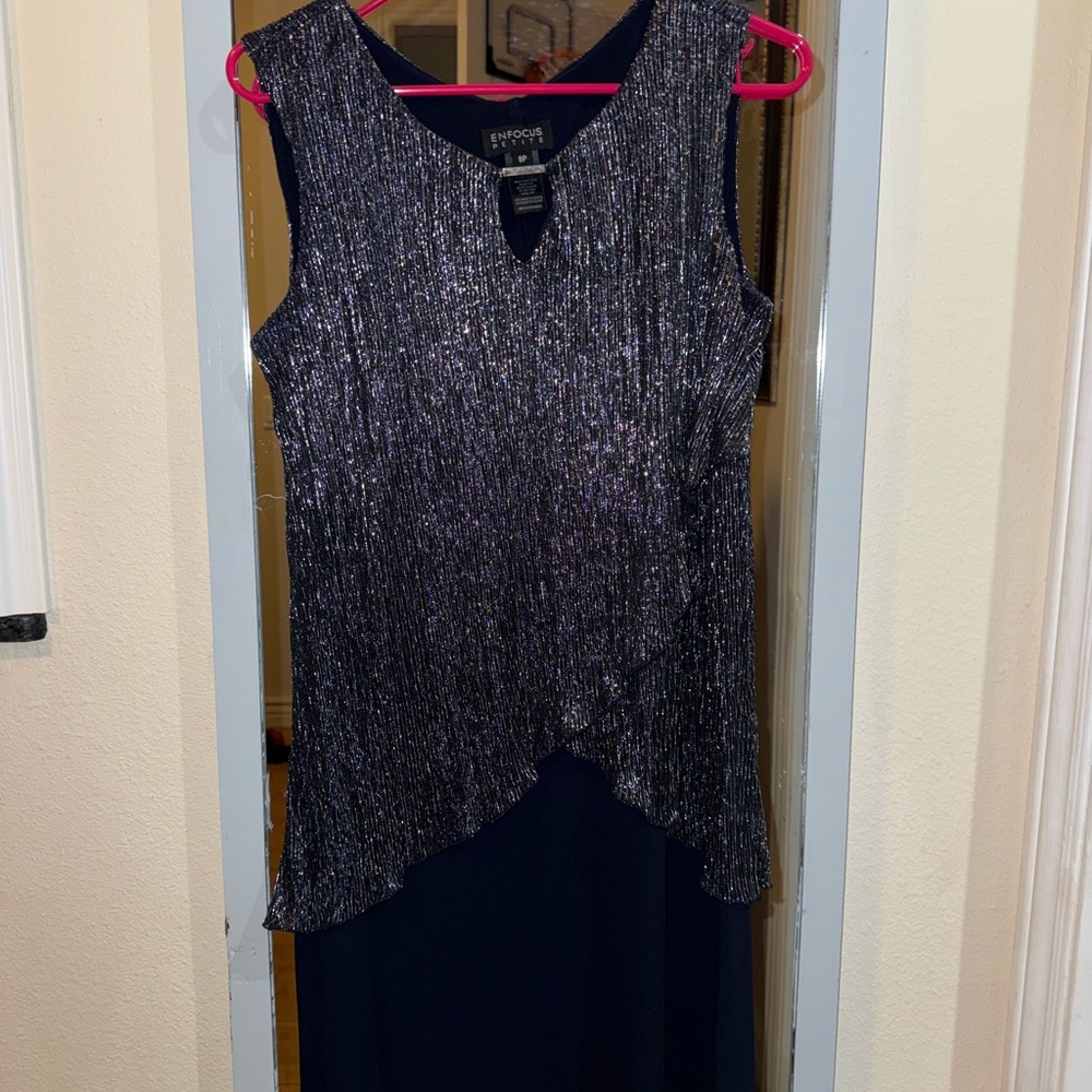 Enfocus Studio Navy and Silver Asymmetrical Dress